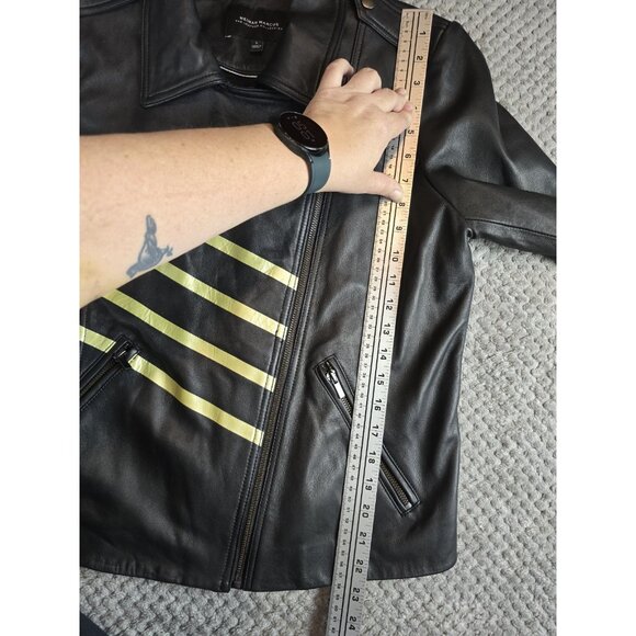 NEIMAN MARCUS L Black Yellow Stripe Butter Soft Leather Biker Moto Jacket Zip - Picture 9 of 9